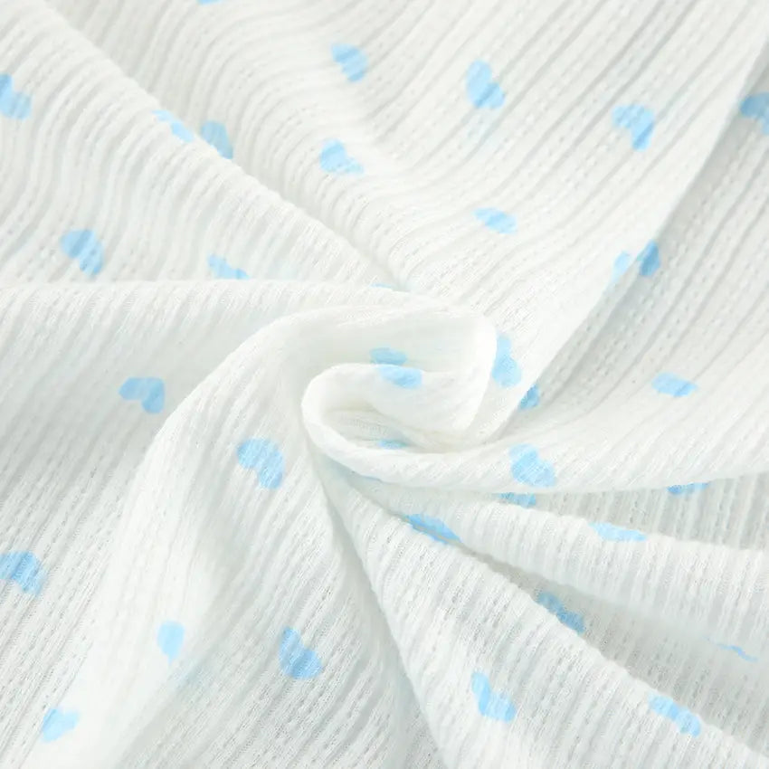 white crinkled knitted heart printing ribbed fabric with light blue heart patterns in a heart printing comfortable loungewear set