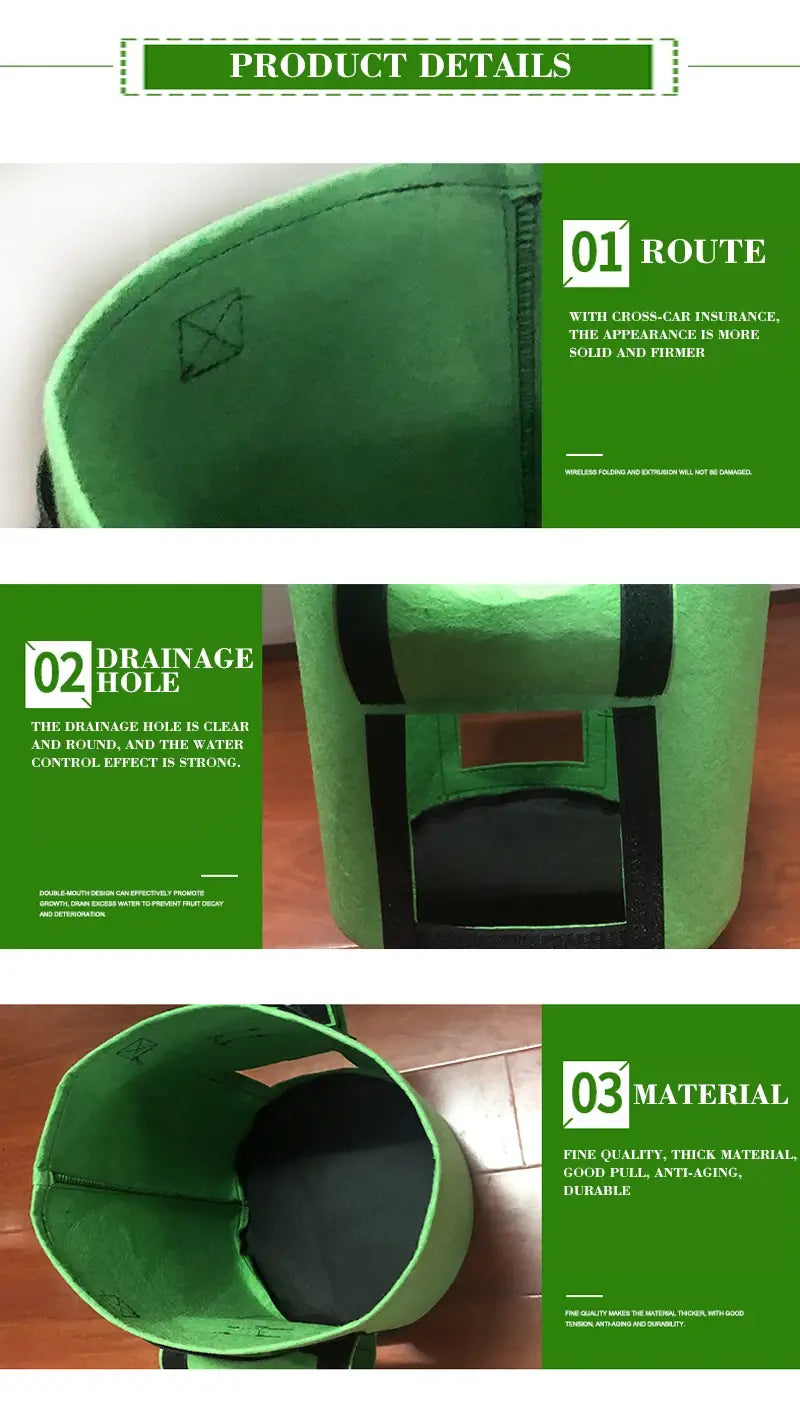 Green felt breathable potato tomato vegetable plant growth bag with black reinforced straps and circular drainage hole for tomato vegetable plant cultivation.