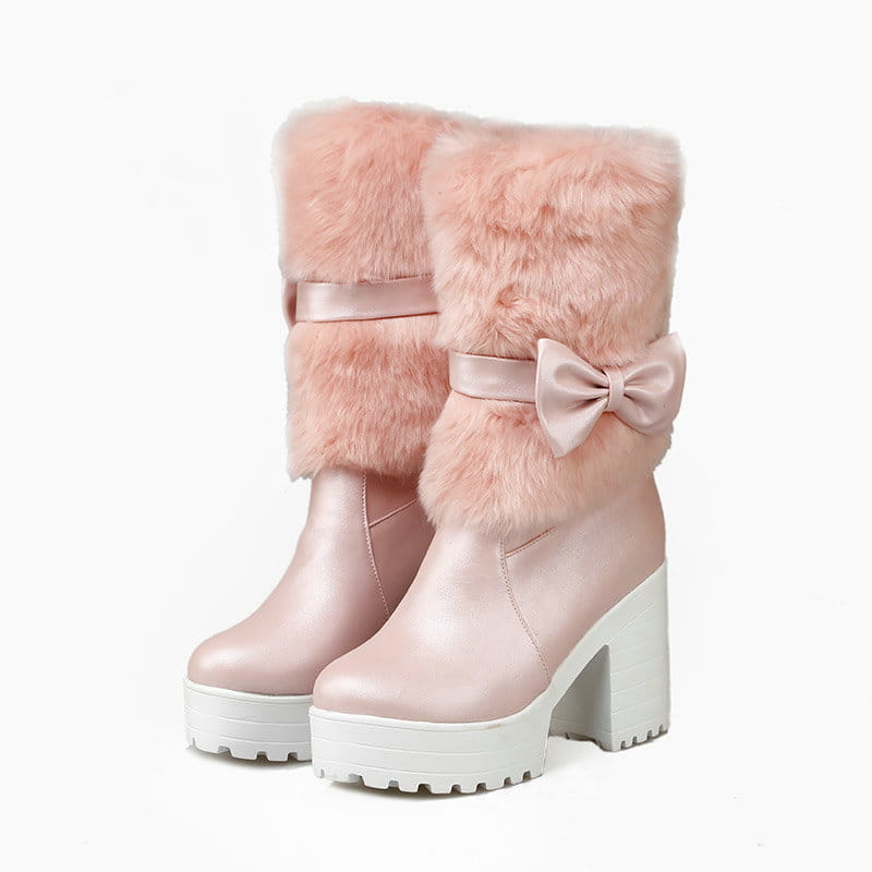 white platform sweet bow boots with pink faux fur lining and a satin bow accent ideal for heel snow sweet wear