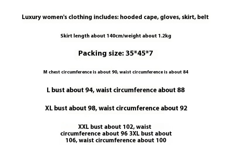The image shows a text-based product description for luxury women’s clothing featuring a hooded cape and skirt with size measurements designed for a christmas ball performance costume.