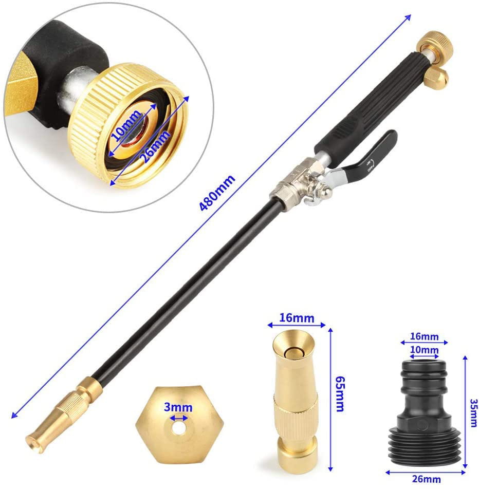 Adjustable black and gold car wash water gun with metal spray nozzle, textured grip handle, and threaded connectors for versatile car wash water settings.