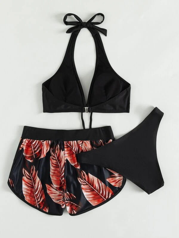 black halter top leaf print bikini with red leaf print shorts and matching black high waisted bottoms from the 3pcs leaf print bikini shorts fashion summer set