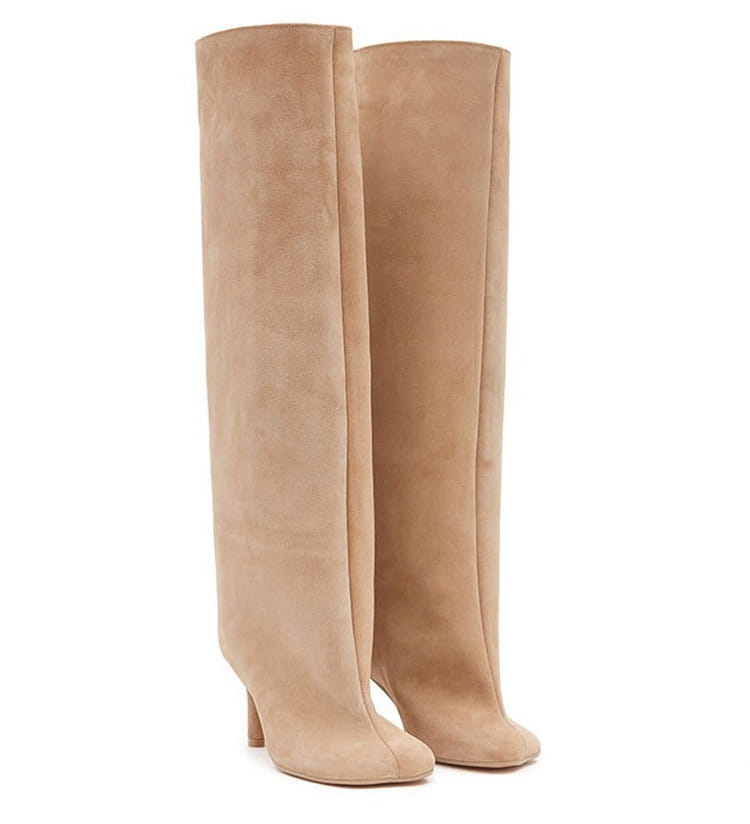 Beige suede over-the-knee boots with a sleek minimalist design and low heel featuring simple stitching square head detailing for yards custom style.
