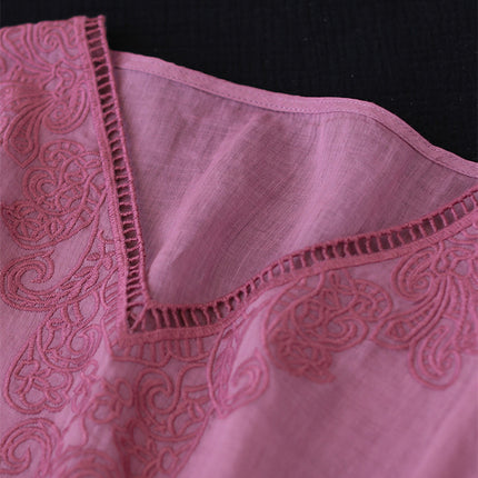 Women's Fashion Retro Cotton And Linen Embroidered V-neck Short-sleeved T-shirt - Royalessencelux