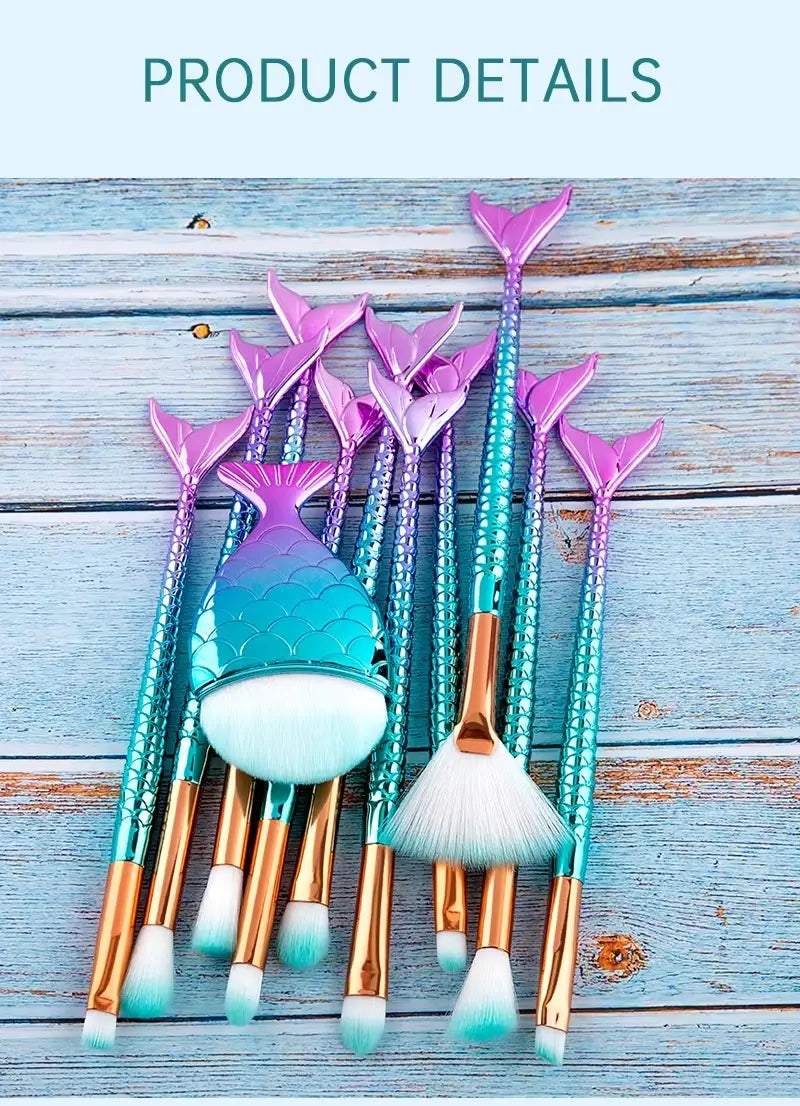 an 11pcs makeup brushes kit featuring mermaid-themed brushes with iridescent teal and purple scale handles, gold ferrules, and soft bristles in various shapes for versatile makeup application.