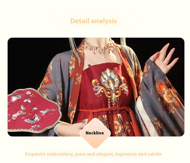 tang imperial han chinese clothing recovery dress in red featuring intricate gold and blue floral embroidery, a square neckline, and a flowing sheer outer garment.