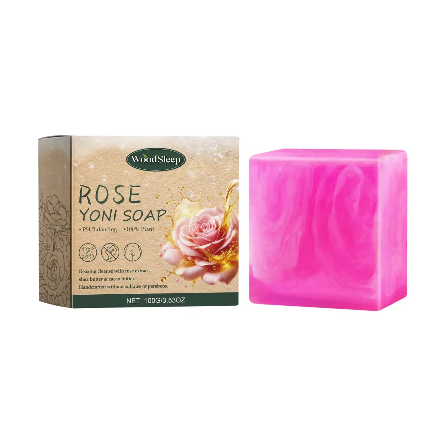 A vibrant pink translucent cube-shaped woodsleep rose soap bar designed for bath cleanses odors and relieves physical discomfort.