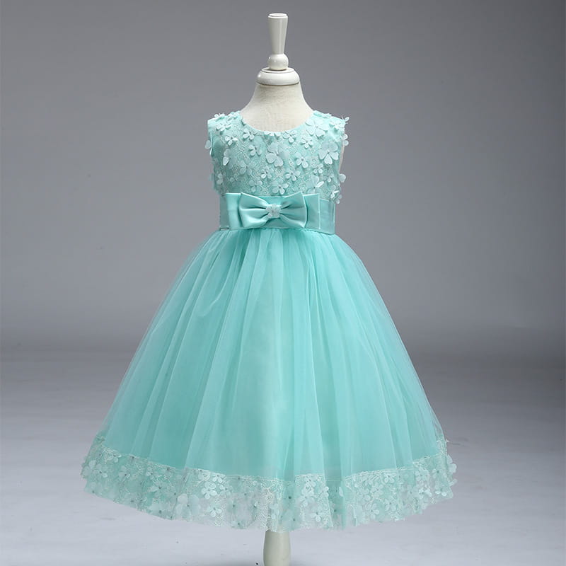 a delicate mint green sleeveless kids girls princess flower girl dress with lace appliqués and a matching satin bow at the waist designed as a summer skirt kids garment