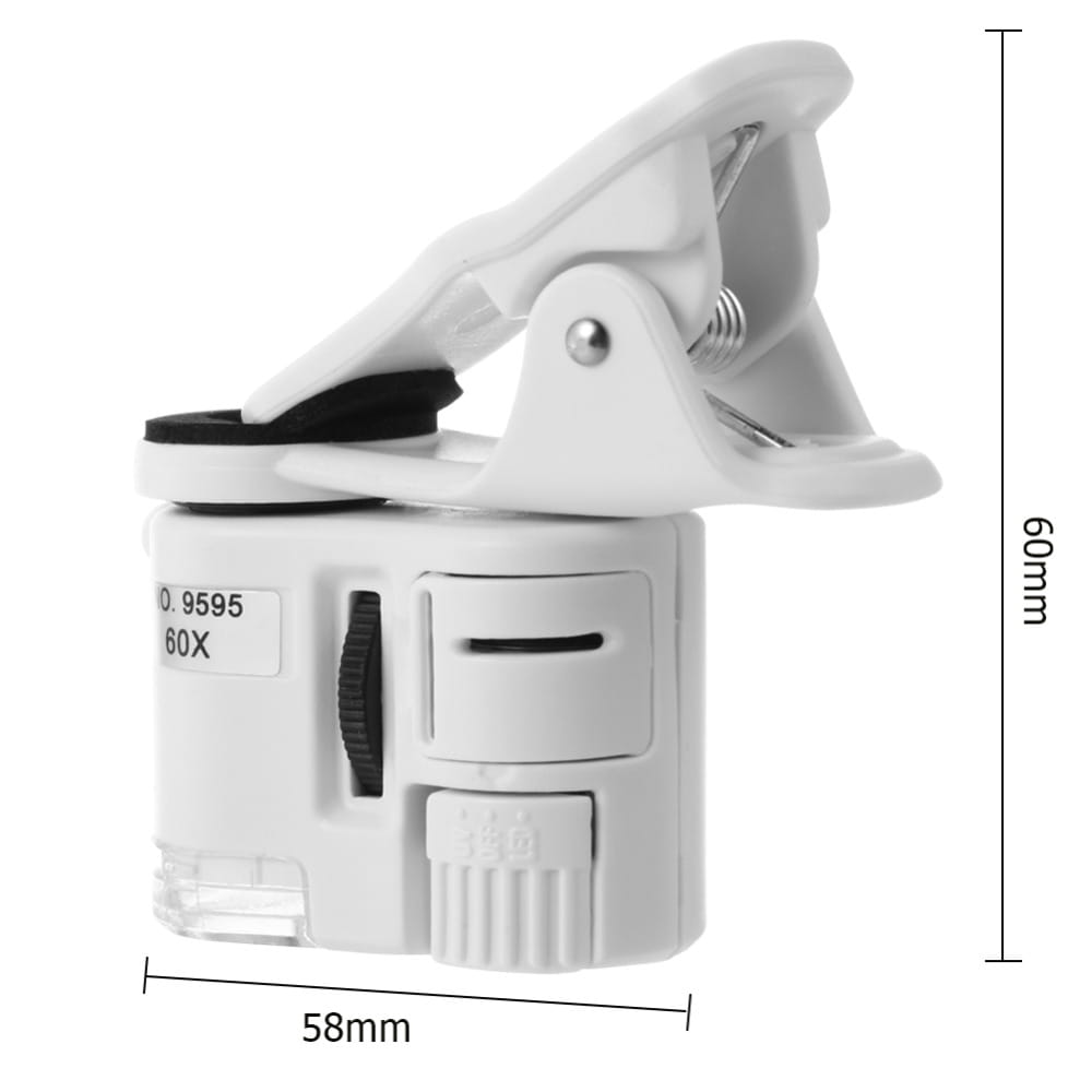 White plastic clip-on magnifier with 60x zoom and adjustable focus ring integrated with led light for digital microscope camera use