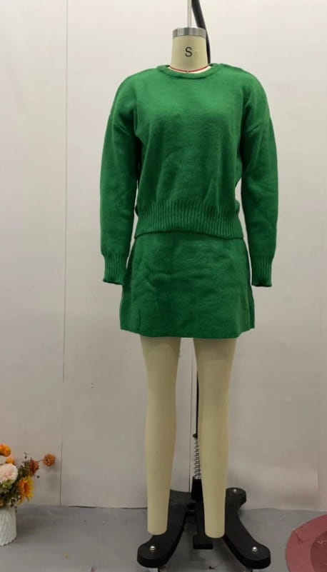green long sleeve knit sweater skirt set featuring a ribbed knit sweater dress with ribbed cuffs and hemline in a casual design