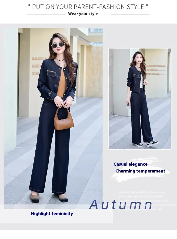 black denim casual denim jacket with gold-tone buttons and flap pockets from elegance retro casual denim set