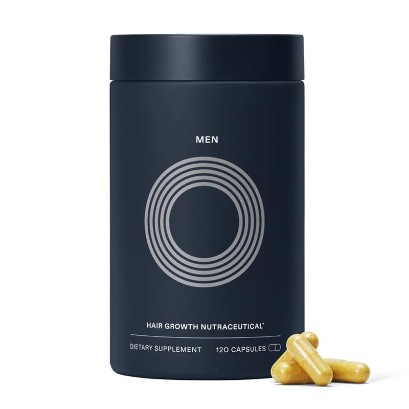 Dark blue cylindrical sealed hair care piece bottle with silver concentric circle design labeled men containing 120 hair care capsules for hair growth dietary supplement.