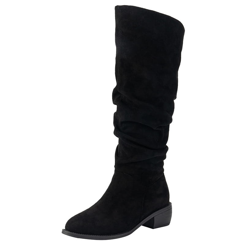 black suede high leg boot with soft ruched sleeve and low block heel in a sleeve suede high design