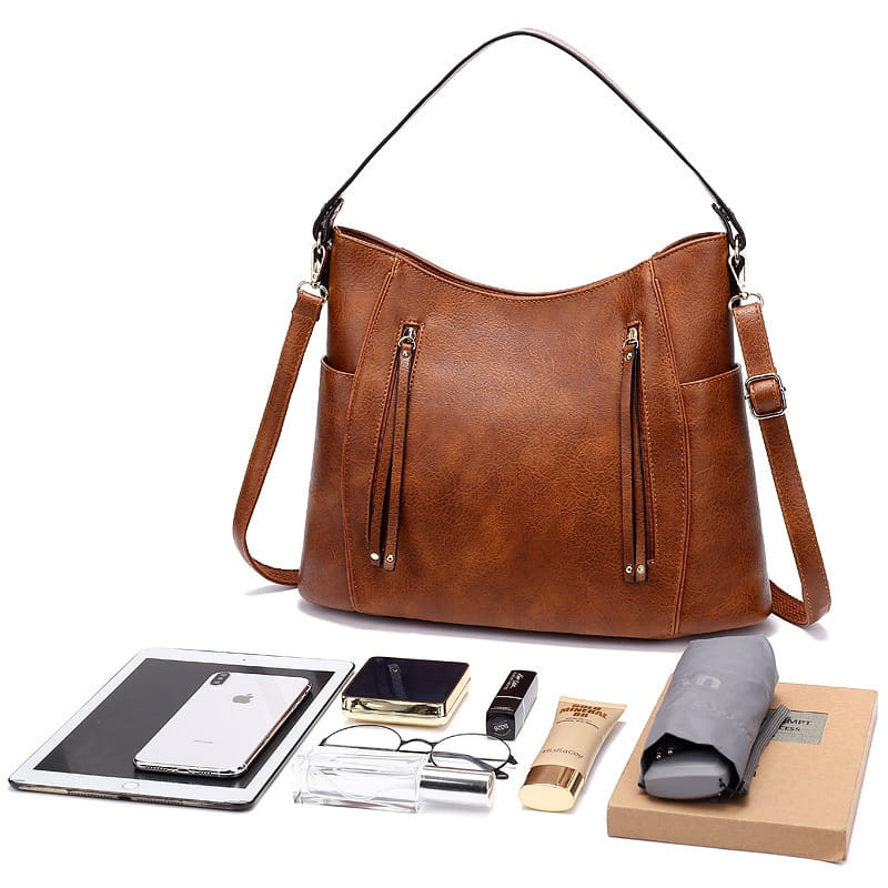 brown faux leather large capacity luxury women leather hobo bag with black shoulder straps and gold tone zippers
