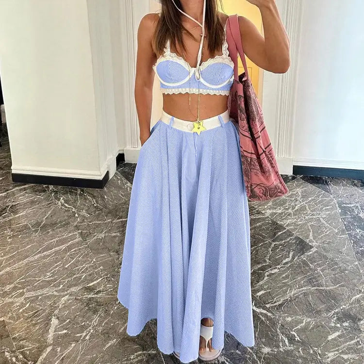 light blue and white striped corduroy maxi skirt with matching lace splicing sling vest bralette top featuring lace trim and sling vest high neckline.