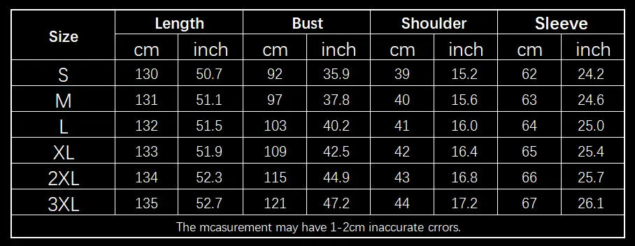 Size chart for the chic winter party fleece maxi dress showing measurements in centimeters and inches for sizes s through 3xl to assist with winter party fashion selections.