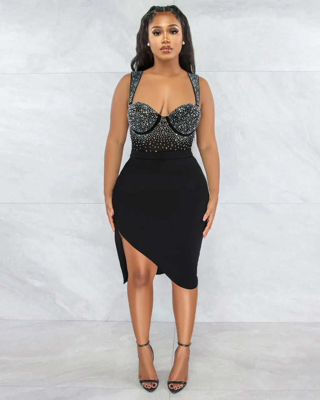 black sequined rhinestone sling backless bodice dress with a high slit and sleek skirt from set two colors