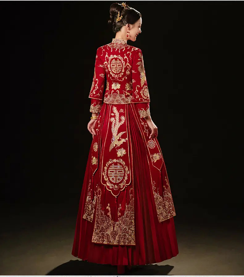 Plus size red dragon embroidery slimming toast dress featuring a rich red traditional Chinese wedding gown adorned with intricate gold embroidery and auspicious symbols.
