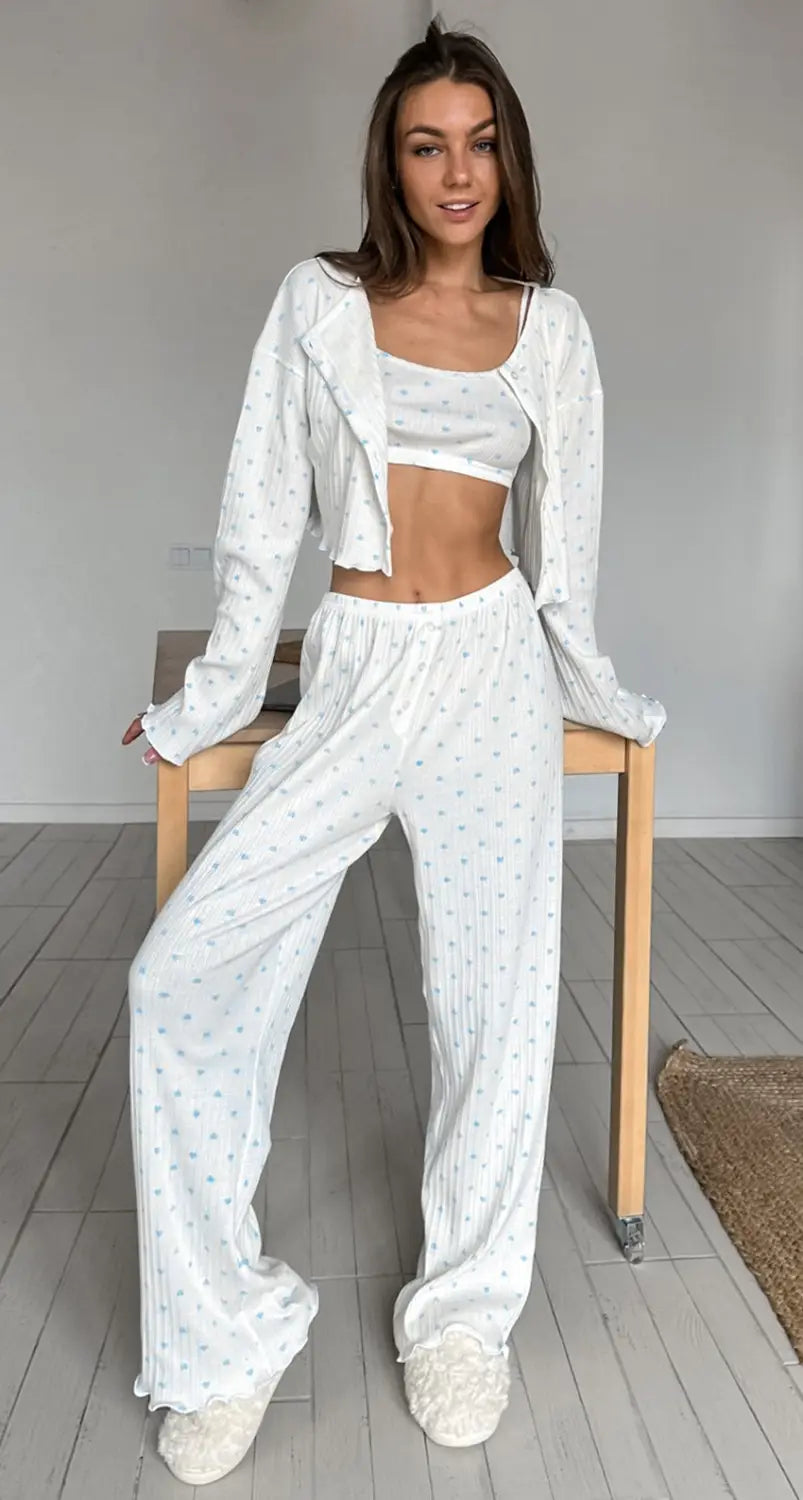 white knitted heart printing ribbed loungewear set featuring a comfortable pajama set with light blue polka dots and a matching cropped jacket