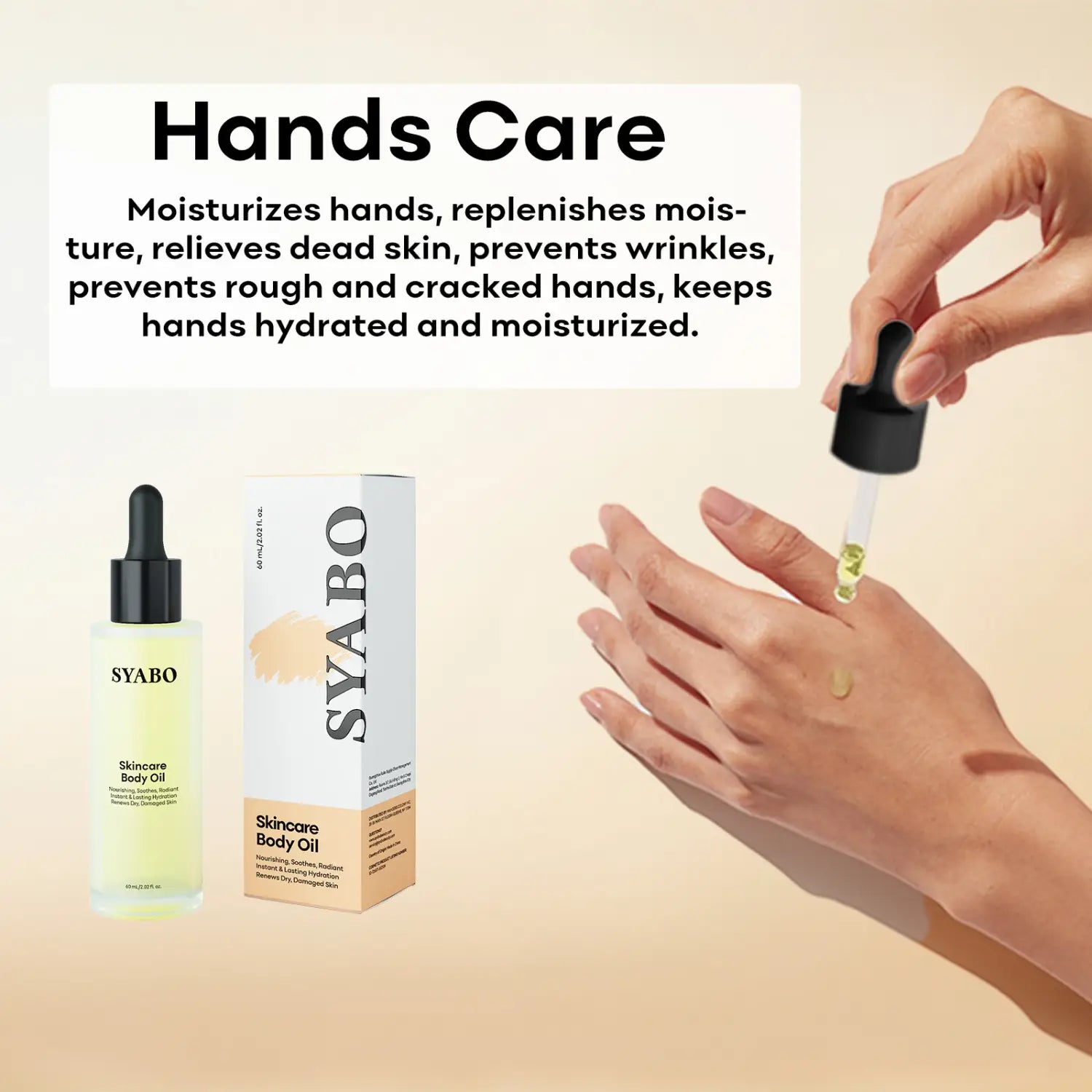 a clear glass bottle with a black dropper cap containing pale yellow body care essential oil labeled syabo in a body care essential oils with dropper product