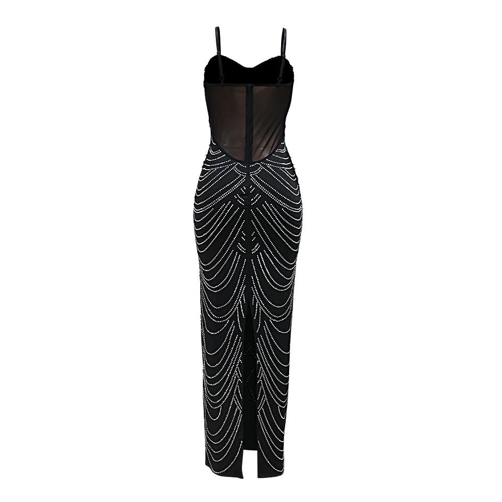 Black strapless evening dress with a sheer bodice featuring intricate silver sling hot drilling beaded wave-like patterns down the front.