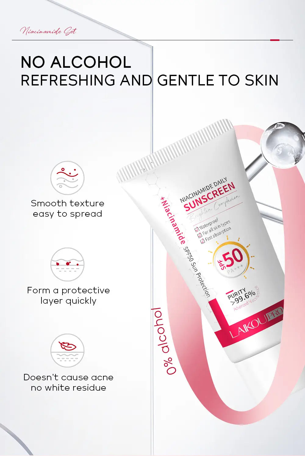 white tube of lakoupro niacinamide daily sunscreen with pink and red branding labeled spf 50 pa++++ for nicotinamide day 50g moisturizing isolation spf 50