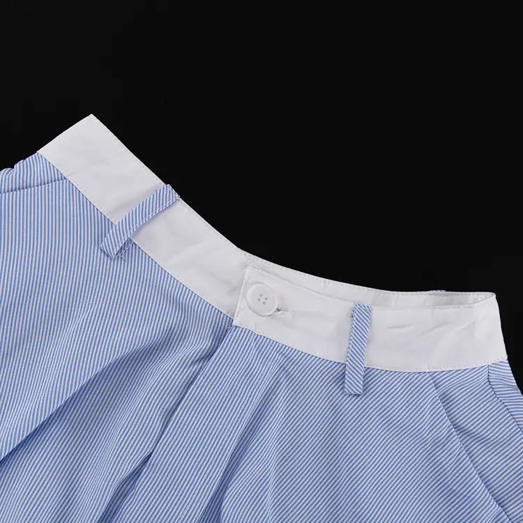 blue and white striped pleated skirt with a crisp white waistband paired with a lace splicing sling vest high design for a stylish and elegant outfit set.