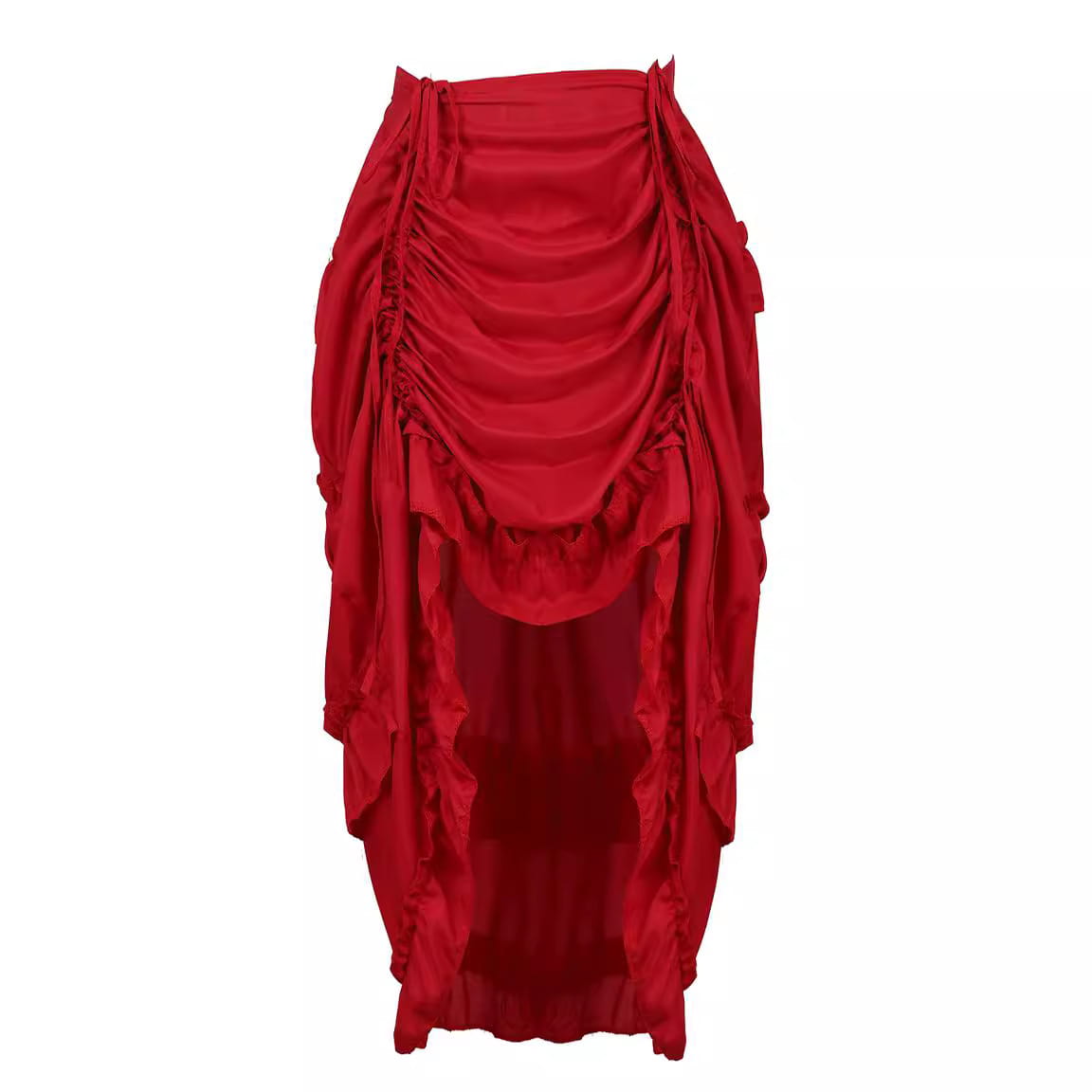 A vibrant red satin court irregular skirt with a dramatic draped and ruched design featuring cascading layers, highlighting the skirt character uniform style.