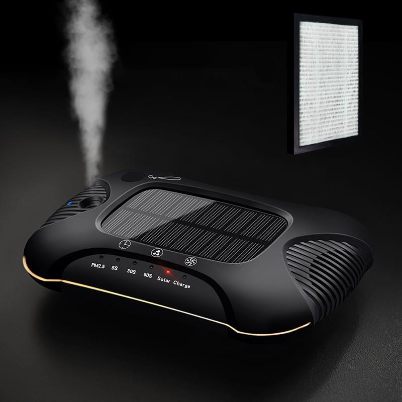 Black sleek solar car air purifier with solar panel, mist output, and LED indicators for efficient car air purification.