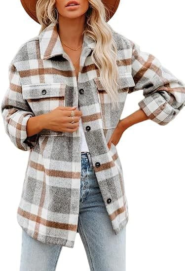 A cozy women’s plaid buckle long sleeve jacket in soft gray and beige plaid flannel with black buttons.