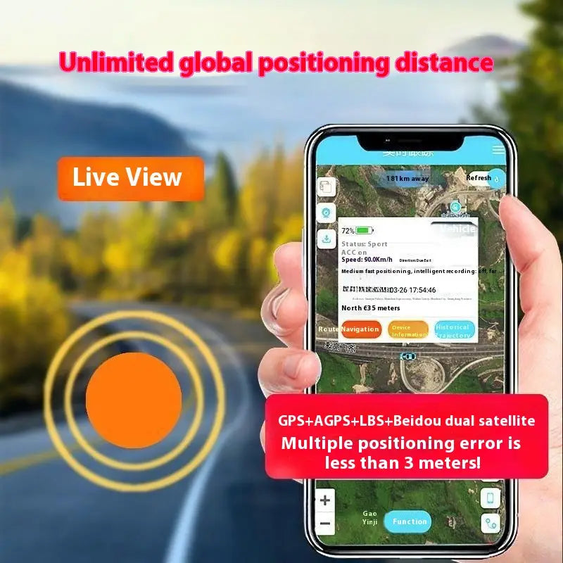 Smartphone displaying gps navigation app with live tracking and satellite positioning data for gps car tracker with dual microphone recording feature.