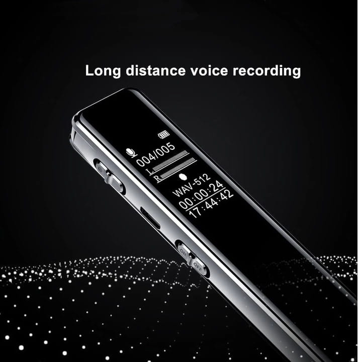 Silver and black digital voice recorder with a sleek slim design designed as a professional recording pen featuring advanced noise reduction for clear professional recording.