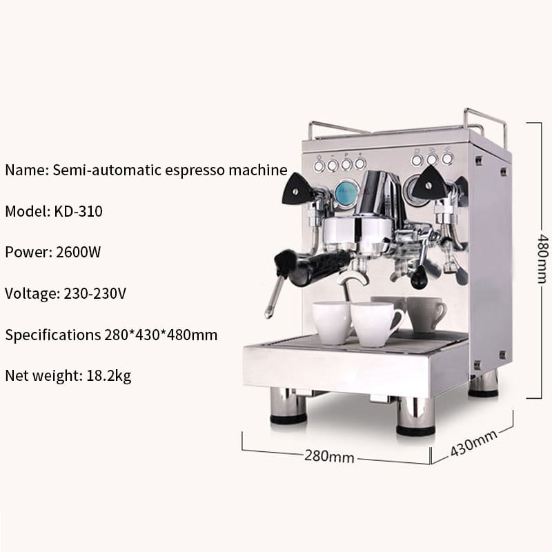 Stainless steel semi-automatic espresso machine with sleek stainless steel body black accents on handles and levers and multiple control knobs for precise brewing.