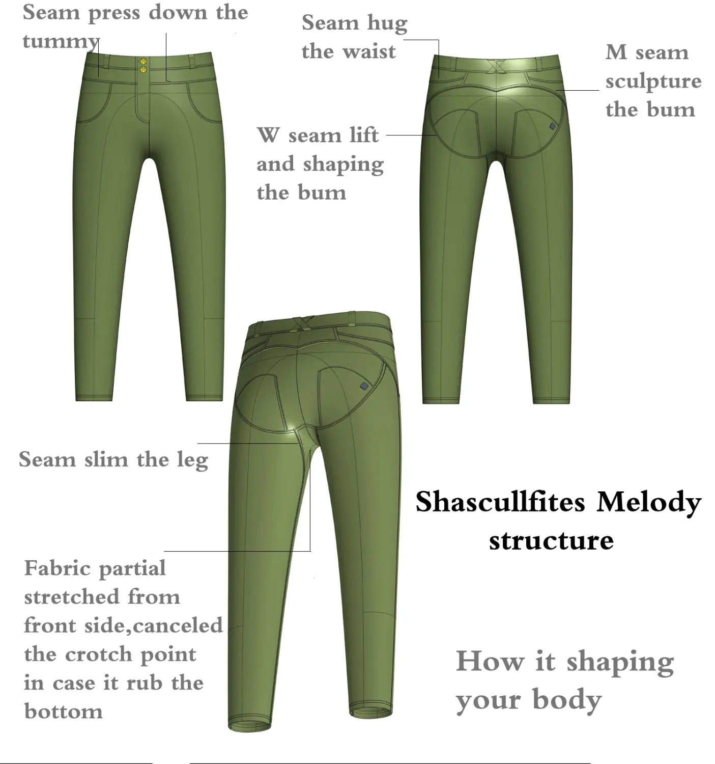 olive green shascullfites melody high fitted pants with sculpted seams designed to shape the body’s contours inspired by melody high waist gray denim leggings