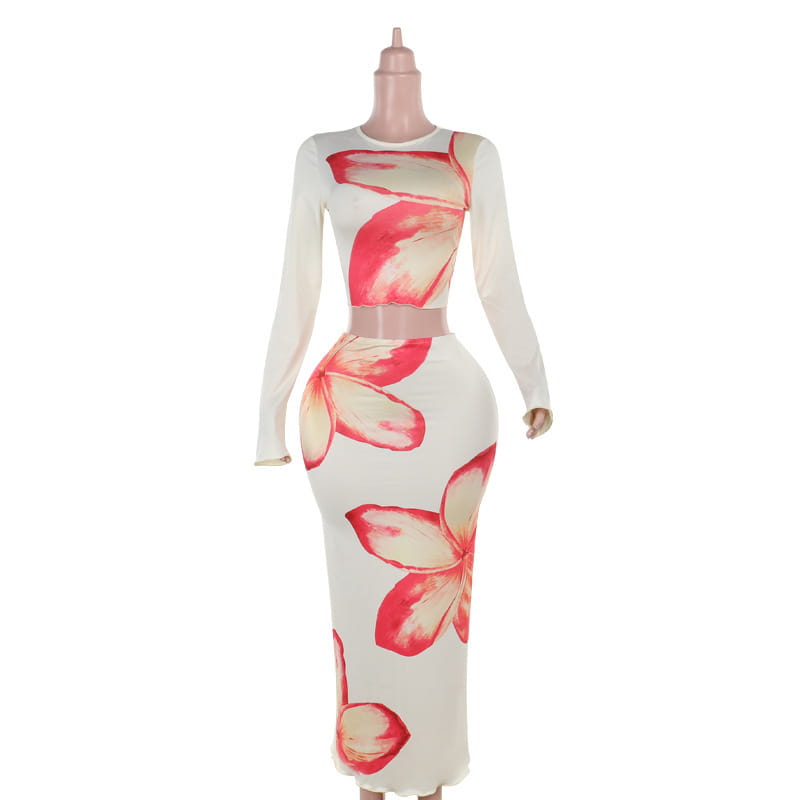 elegant slim print white long-sleeved dress with red and cream floral print, featuring a slim print round neck and matching belt for a refined look