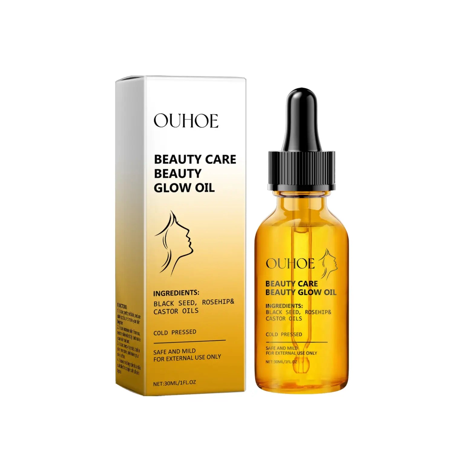 Ouhooe beauty care glow oil in a clear amber glass bottle with black dropper cap beside its gradient gold and white box, featuring a rose hip black seed and castor oil beauty blend 30ml.