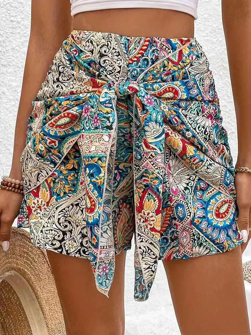 colorful paisley-patterned slimming lace up printed irregular skirt in vibrant blues reds and gold tones