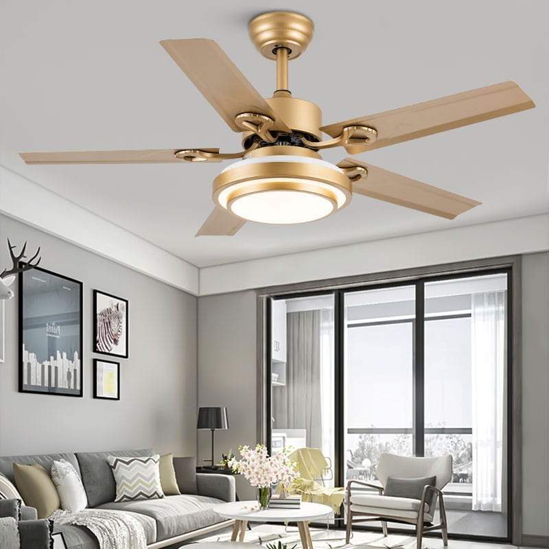 Gold-finished modern home dining ceiling fan with five wooden blades and an integrated circular light fixture for dining room bedroom use.