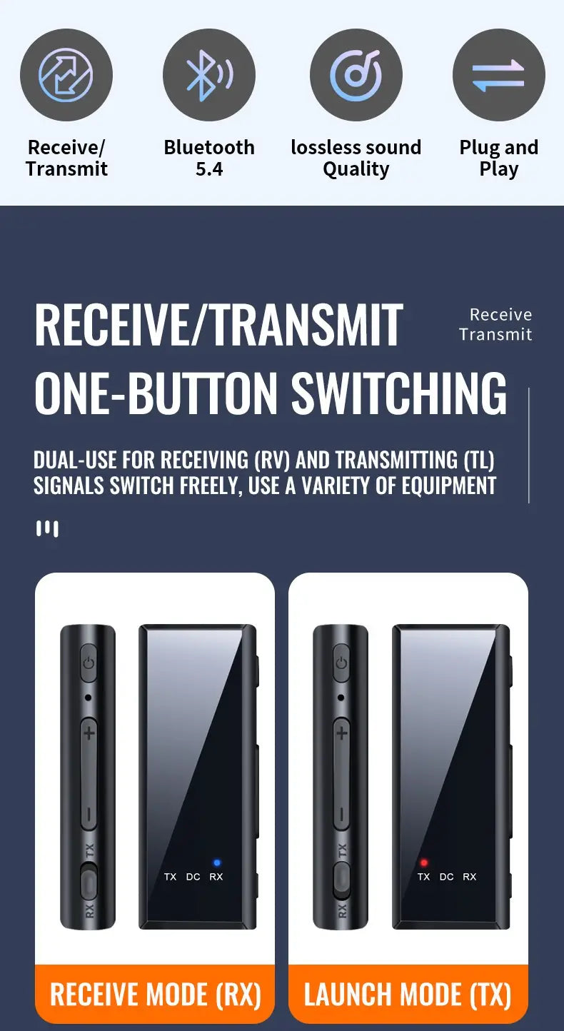 black rectangular 3.5mm bluetooth adapter car audio transmitter and receiver devices with silver buttons labeled for receive mode rx and launch mode tx for adapter car bluetooth use.