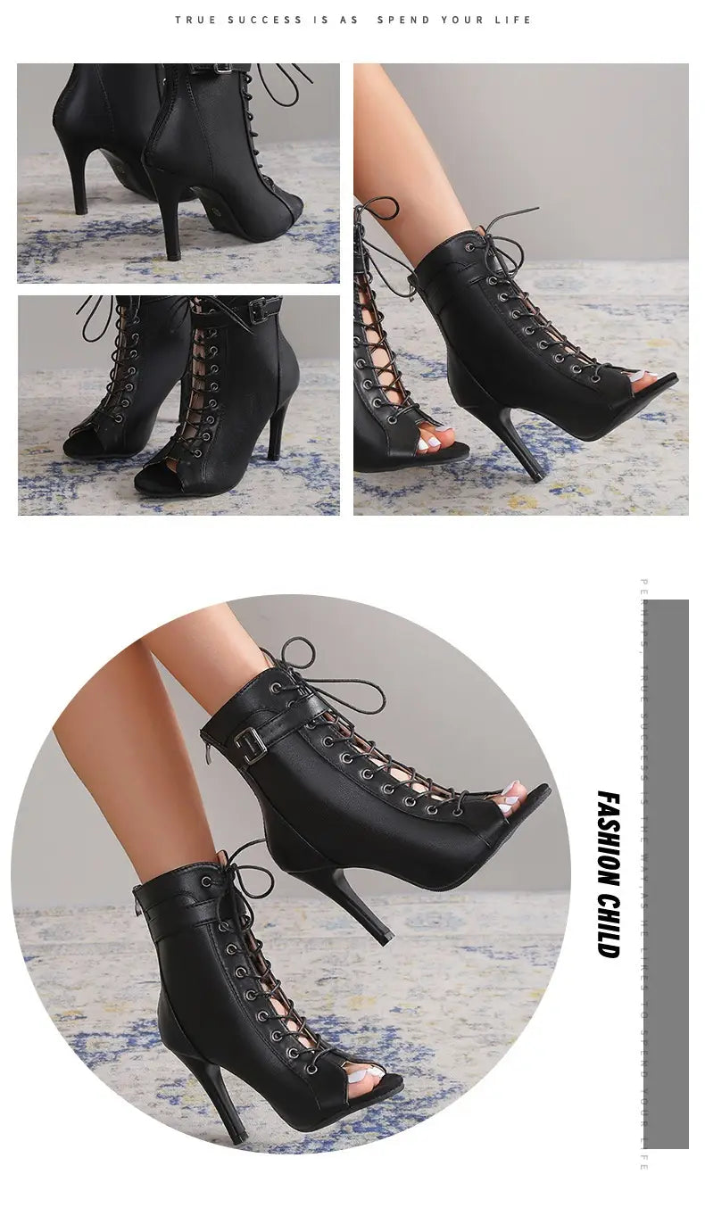 black leather peep toe high heel pumps featuring lace-up design and stiletto ankle boots
