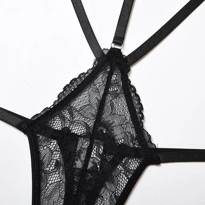 black fashion lace striped cutout bodysuit featuring delicate mesh, scalloped edges, adjustable straps, and a waist striped cutout design.