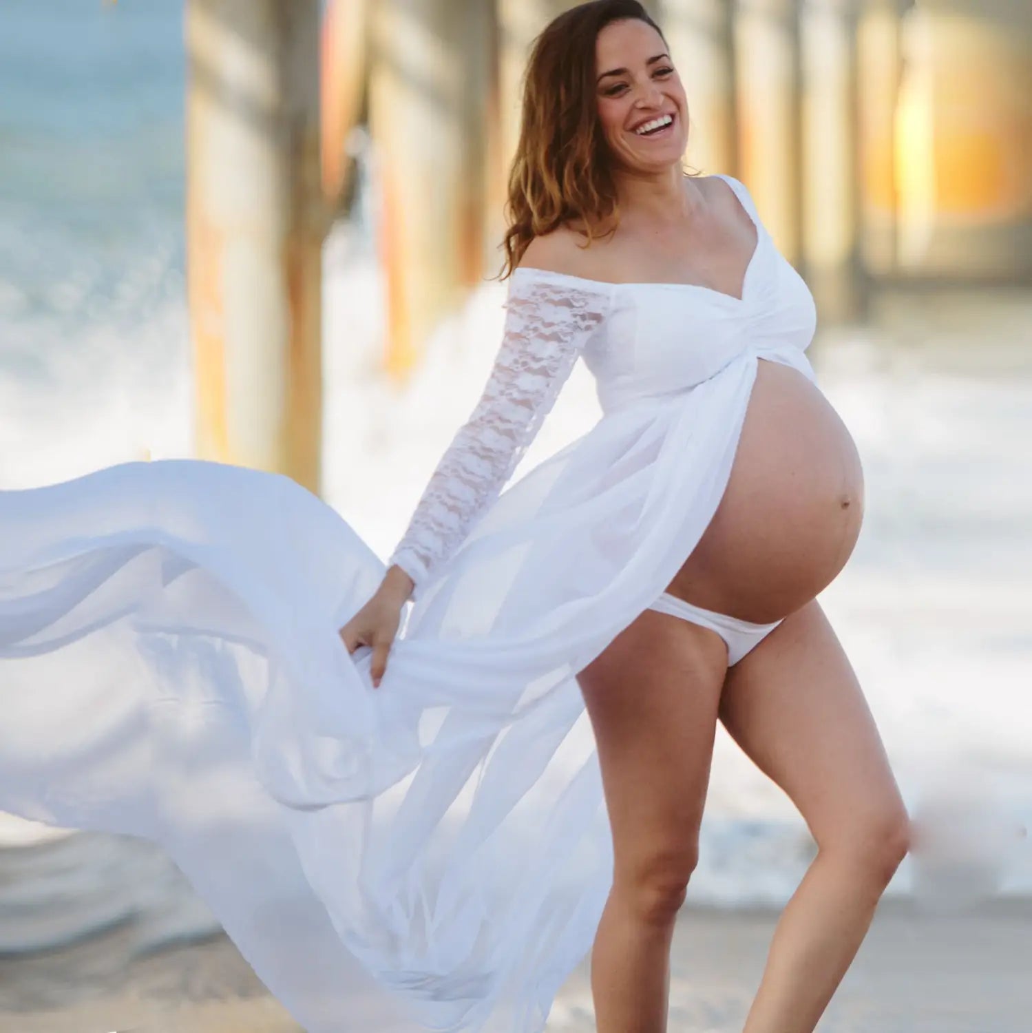 white off-the-shoulder maternity dress featuring lace long sleeve details and a flowing sheer overlay made from main fabric in american white sexy style