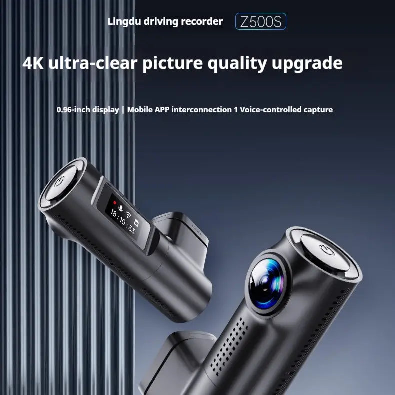 black lingdu z500s cylindrical dash cam with 4k ultra-clear picture quality and integrated display screen designed for night vision driving recorder and panoramic parking surveillance.