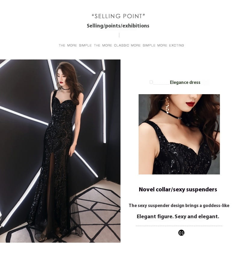 black fishtail long summer sequins sling evening dress featuring a sweetheart neckline and high slit with elegant black sequined fabric
