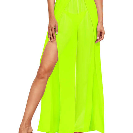 Pinup Fashion Cover Up Pants Neon Yellow Swimsuit Bathing Suit Sheer Coverup Pant Women Split Beach Pants S-XL