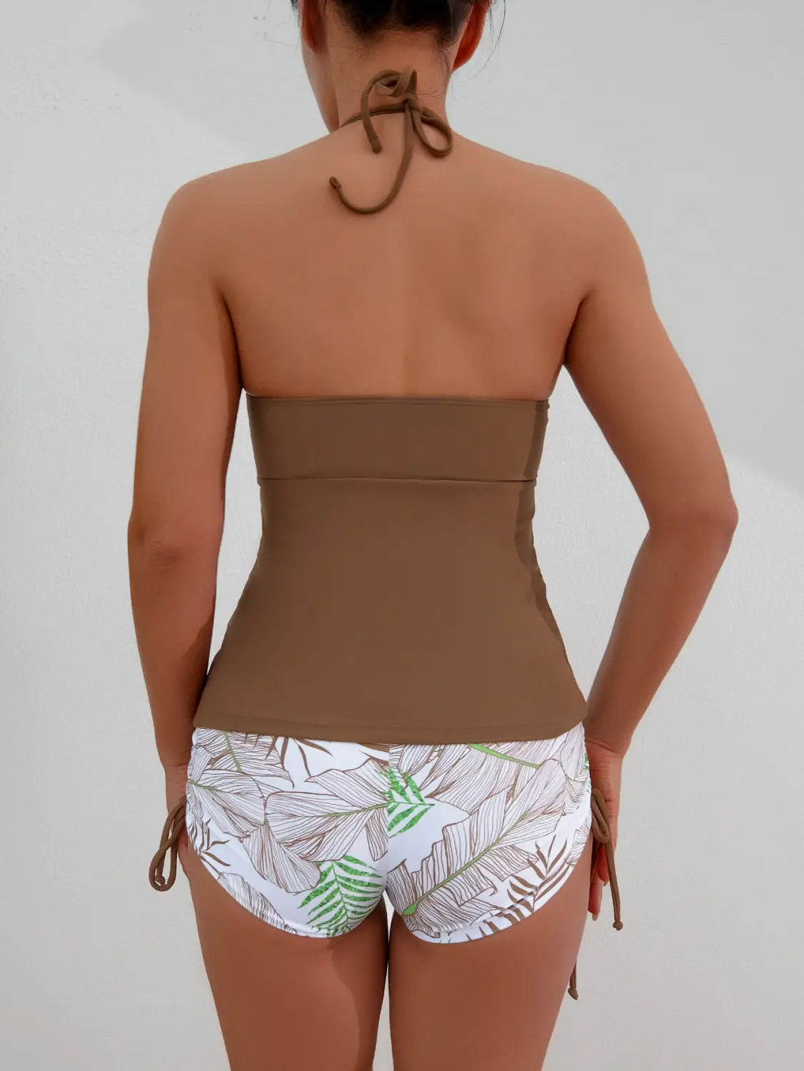 brown strapless bandeau top with matching tie-back details in a floral halterneck printed halter split swimsuit
