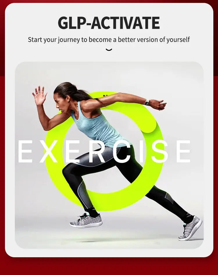 A woman in a light blue tank top and black leggings with gray athletic shoes is captured mid-stride promoting luxury glp-1 capsules for plus size fashion including plus size dresses bikinis.