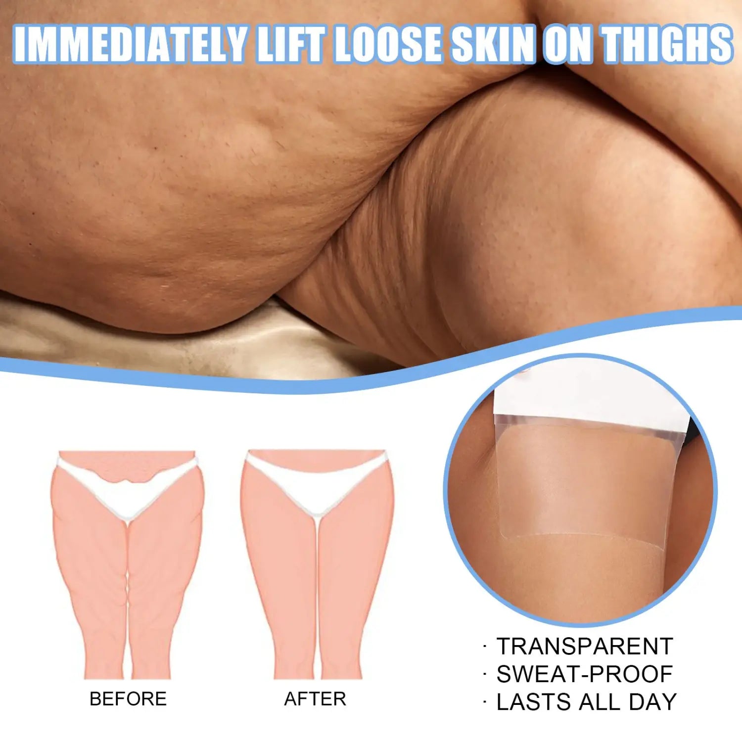 transparent adhesive thigh lifting tape 10 piece pack designed for immediate skin tightening with sweat-proof, all-day wear in a clear, flexible material.