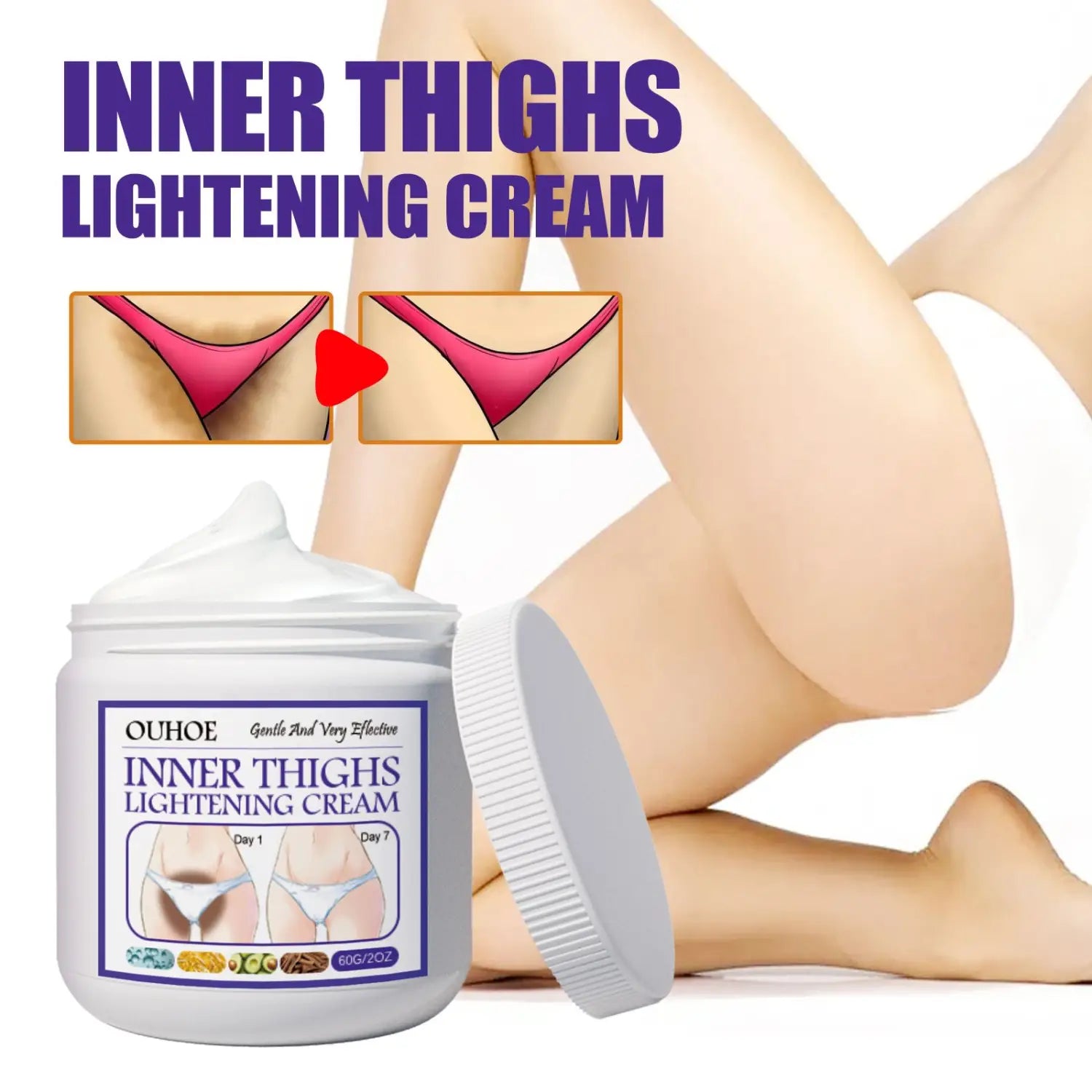 White plastic jar of Ouhoo thigh skin perfecting cream lightens melanin with a white ribbed lid labeled gentle and very effective showing before and after results