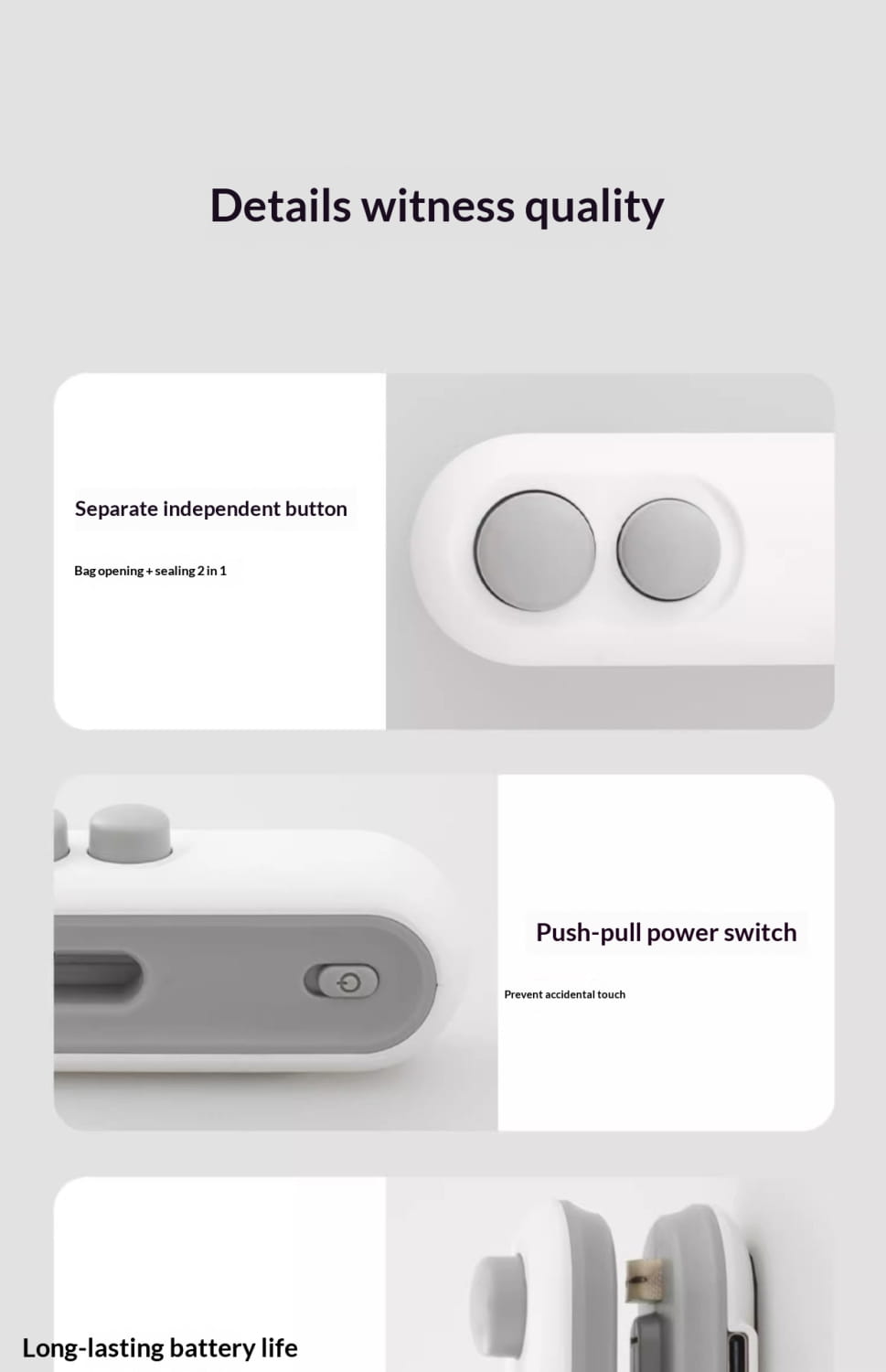 white plastic portable usb heat sealer with two circular buttons and a push-pull power switch for vacuum sealer use